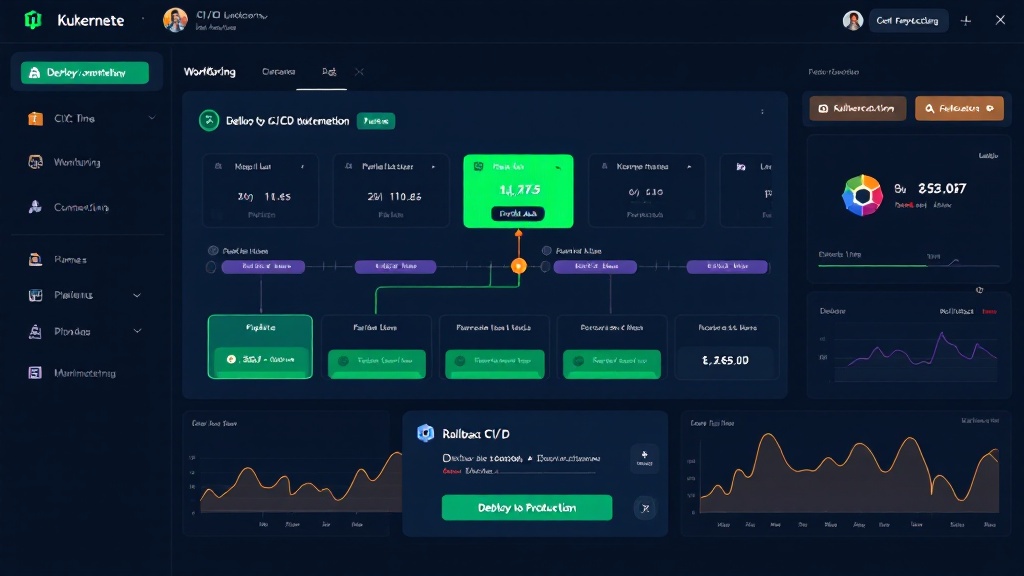 Visual CI/CD workflow editor showing successful pipeline stages, real-time metrics, deploy-to-production control, and rollback option.