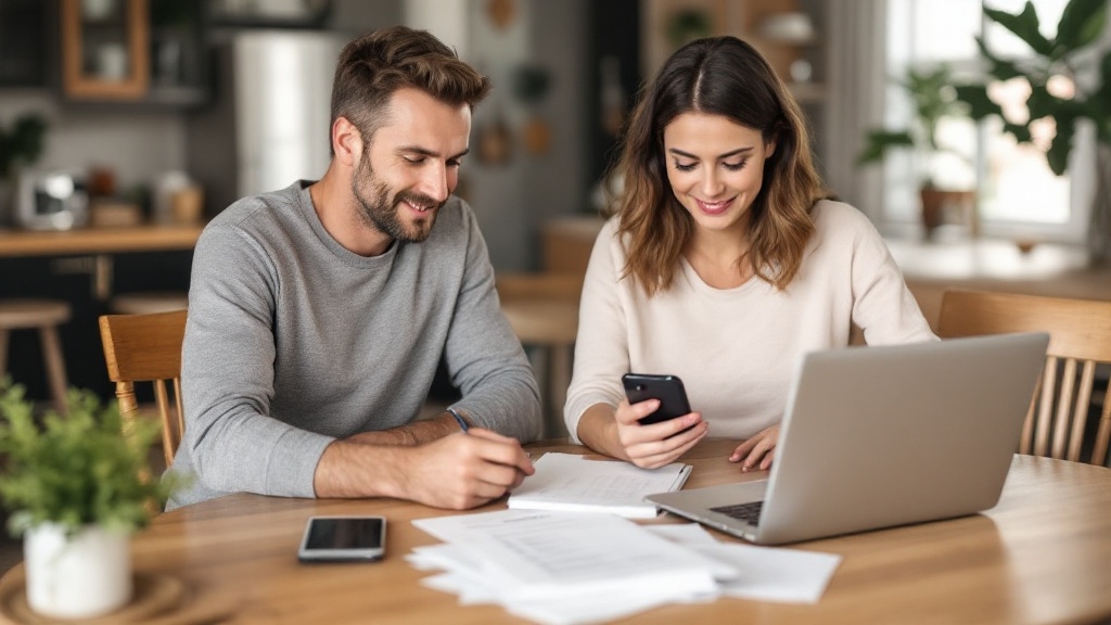 Two adults reviewing a monthly home records checklist with a laptop, phone, and calendar on a dining table.