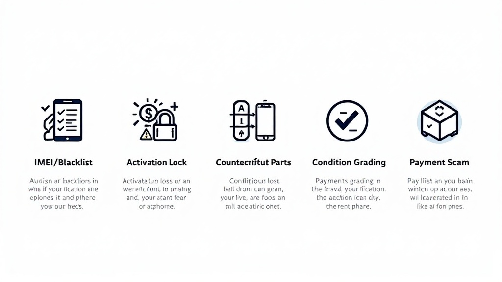 Infographic showing five risks in used smartphone deals: IMEI/blacklist issues, activation locks, counterfeit parts, misrepresented condition, and payment scams.