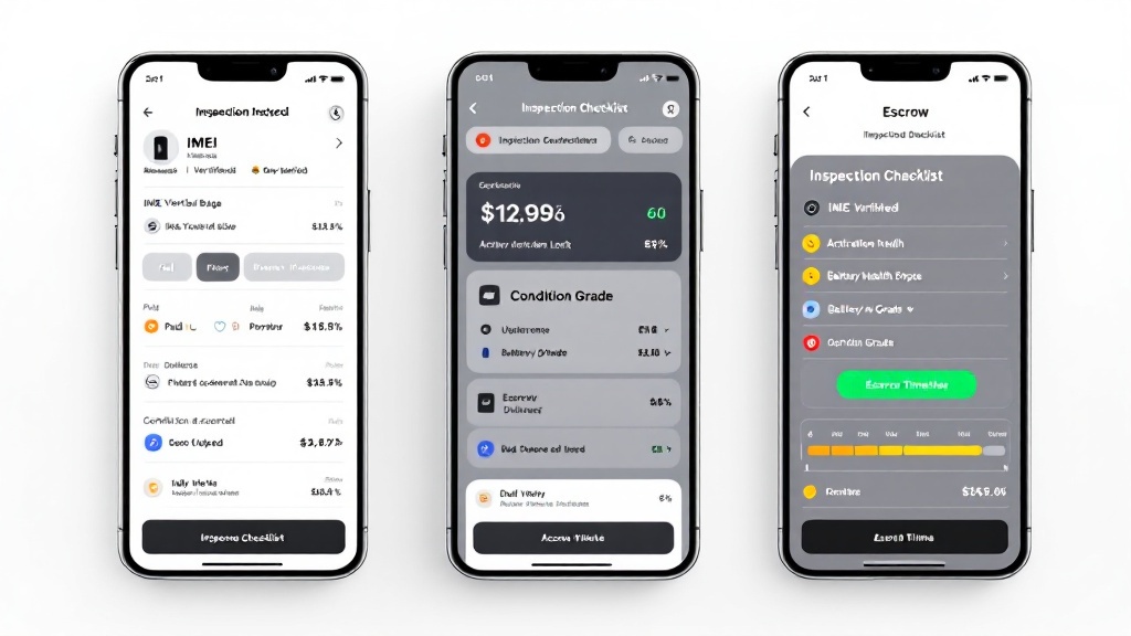 Smartphone app interface showing an IMEI verified badge, battery health, condition grade, photo prompts, and an escrow delivery-to-acceptance timeline.
