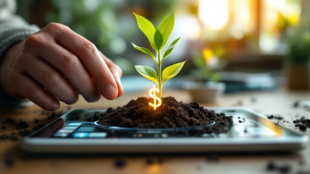 A metaphorical image of a hand planting a seed that grows into a money plant, symbolizing freelance income growth.