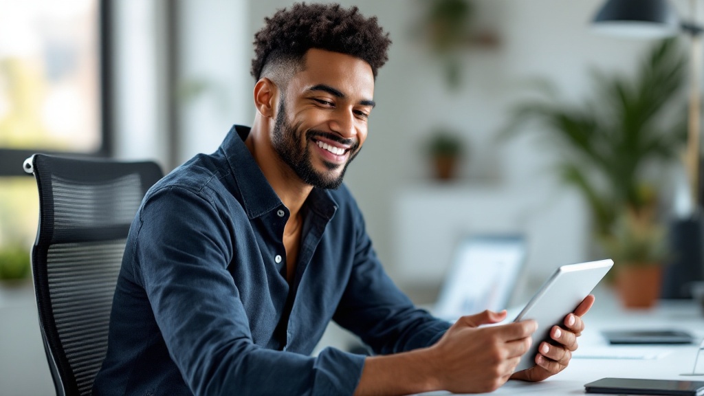 A successful freelancer managing their finances and projects on a tablet, looking confident and in control.