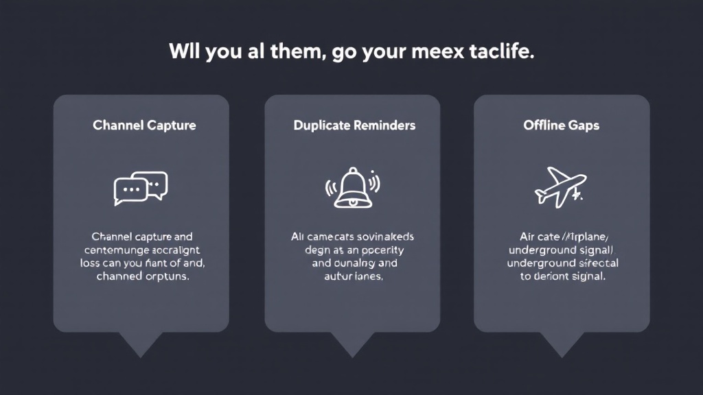 Infographic with three panels representing channel capture, duplicate reminders, and offline gaps using icons for chat, notifications, and no-signal situations.