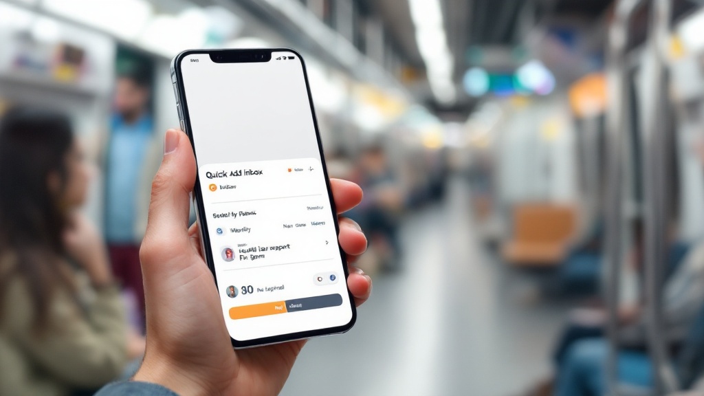 Hand holding a phone displaying a quick-add task inbox and weekly view, with a subway background and a no-signal indicator to suggest offline use.