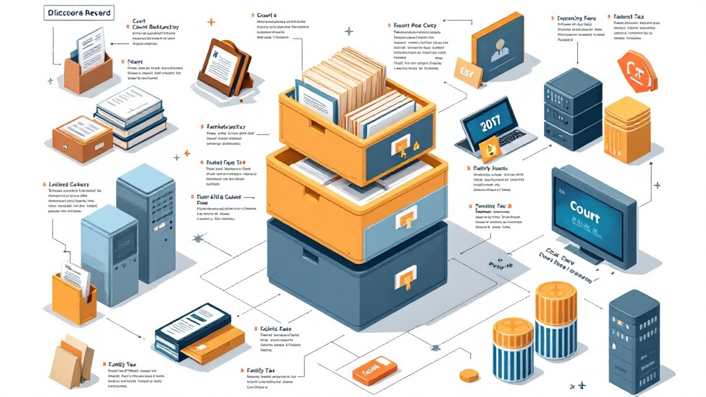 Layered illustration showing various court record types including sealed files, specialty courts, and paper archives that exist outside standard databases