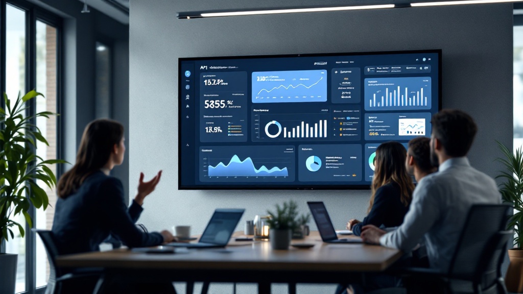 Legal professionals in modern office reviewing automated due diligence dashboard showing efficiency metrics and real-time data
