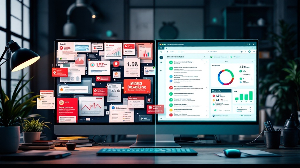 Split screen comparison showing disorganized manual workflow with errors versus organized automated workflow with completed tasks