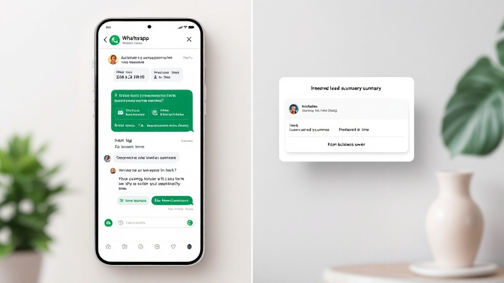 Split view of a WhatsApp conversation offering appointment times and a summarized lead handoff card with extracted details and priority.