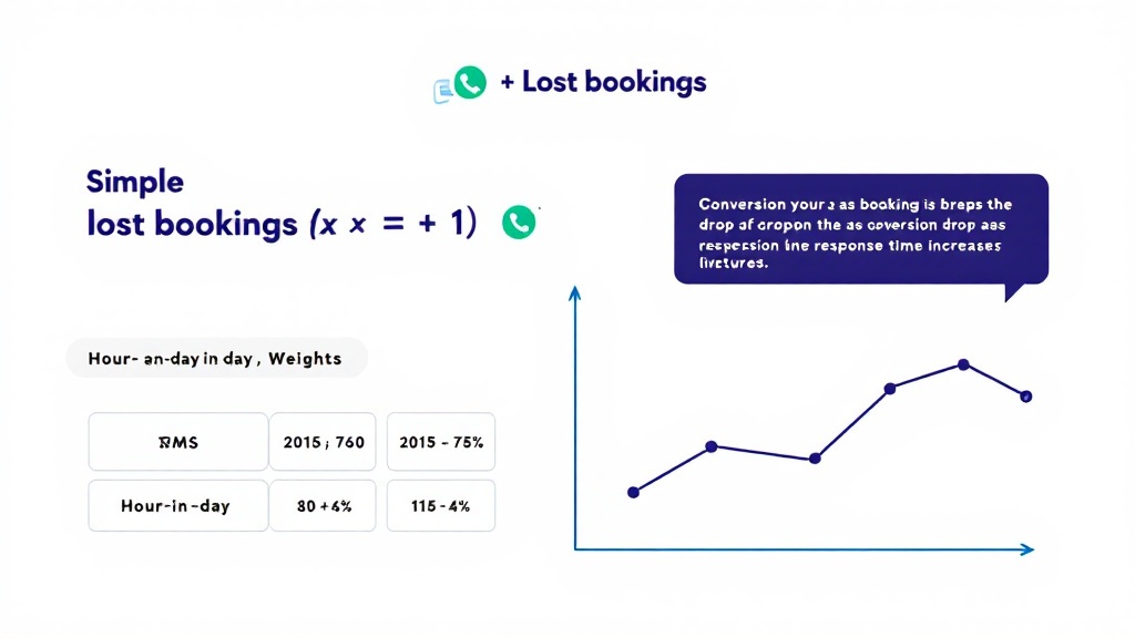 Infographic showing a formula for lost bookings, hour-of-day multipliers, and a chart of conversion decreasing as response time increases.