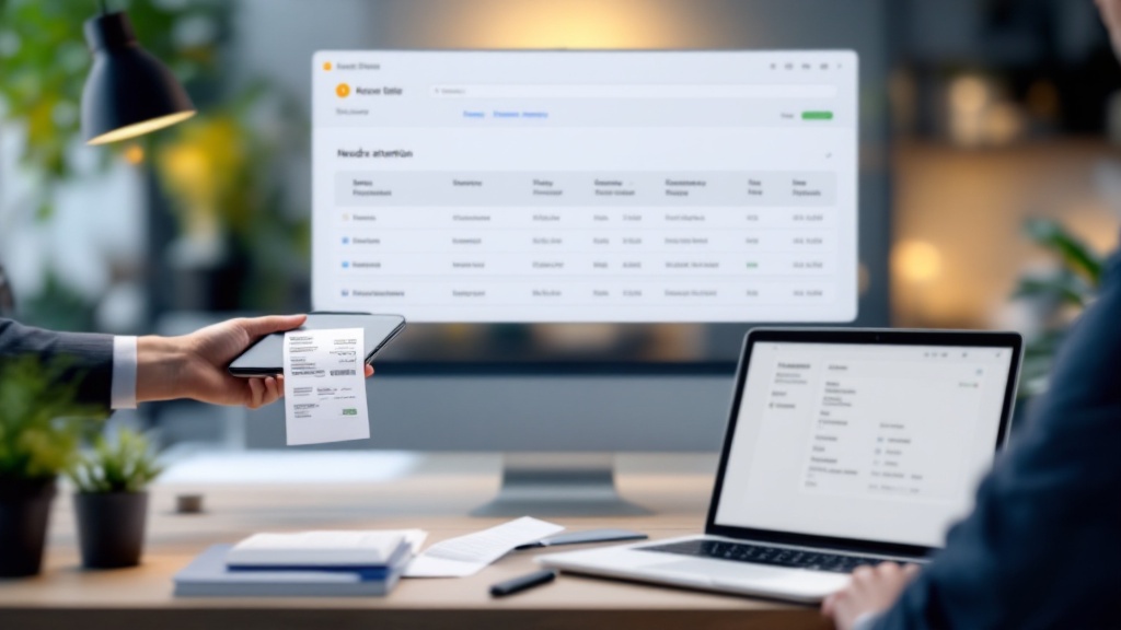 Phone scanning a receipt beside a laptop showing an email receipt and a digital ledger with categorized entries and a needs-attention review queue.