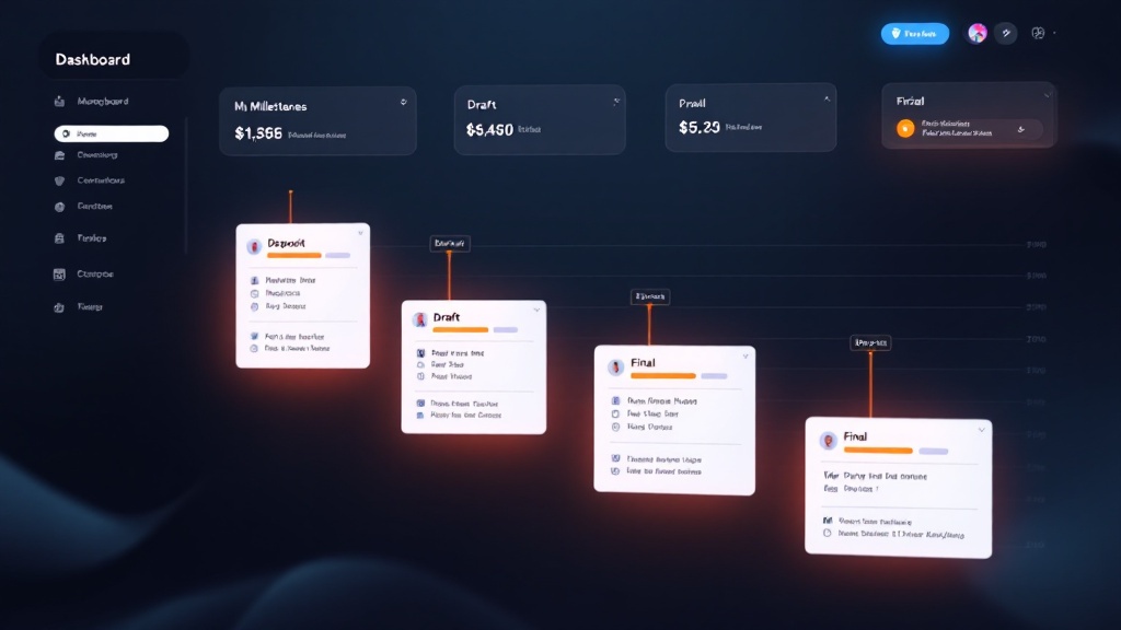Timeline-style dashboard showing milestone invoices and an automated reminder cadence before and after a due date.