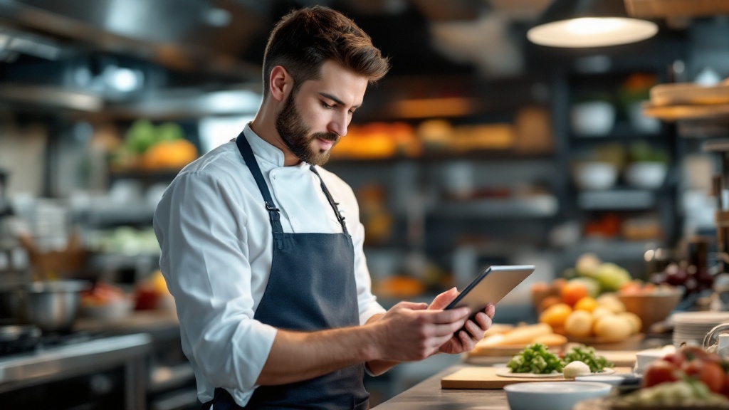 Restaurant professional using digital technology for efficient procurement management in organized commercial kitchen