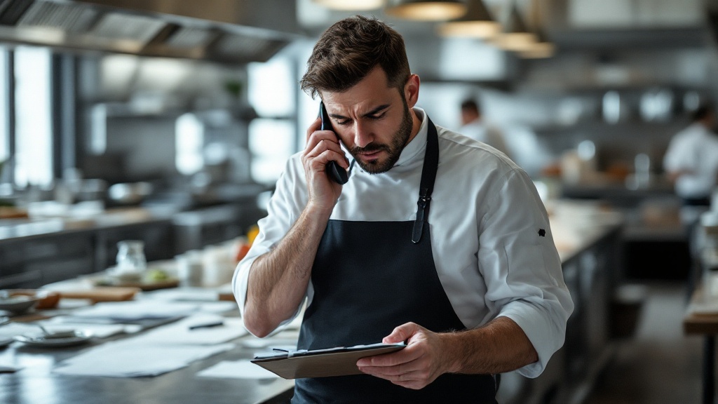 Restaurant chef multitasking between phone calls and paperwork in a busy commercial kitchen environment