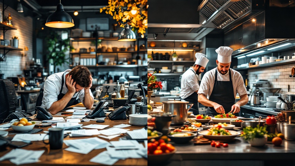 Comparison image showing disorganized procurement process versus streamlined kitchen operations