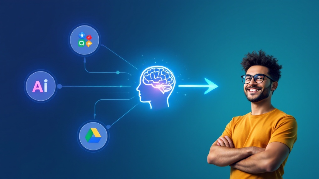 An infographic showing app logos feeding into a central AI hub, which provides a clear answer to an employee.