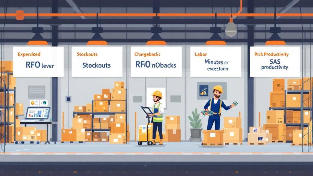 Infographic showing ROI levers for RFID inventory visibility: reduced expedites, fewer stockouts, fewer chargebacks, less exception labor, and improved pick productivity.