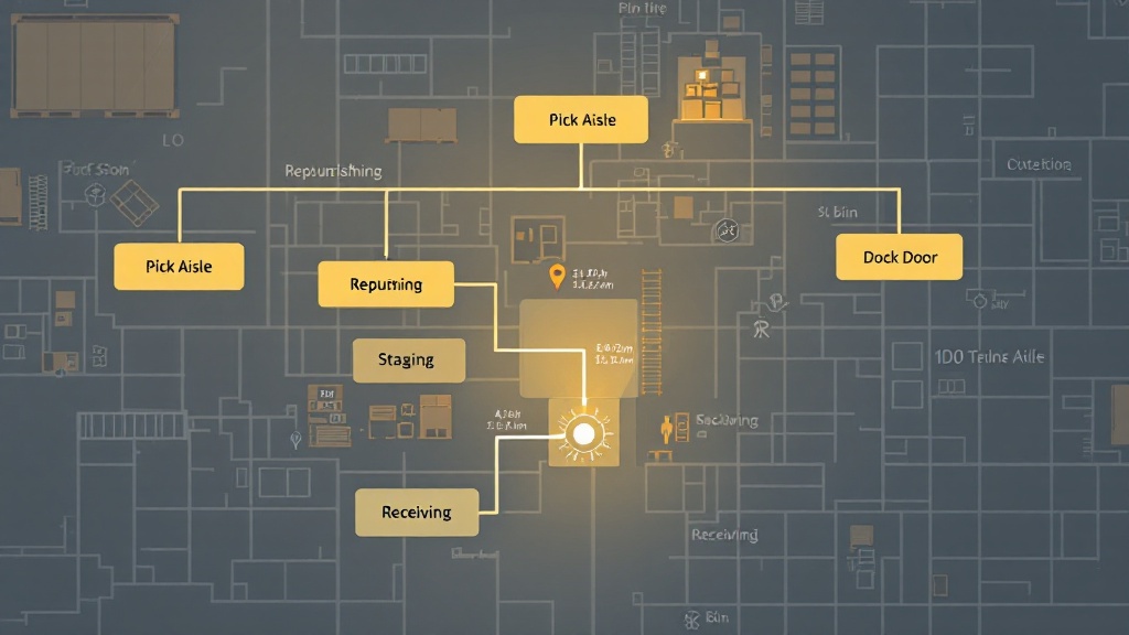 Decision tree infographic over a warehouse layout showing paths to investigate pick, staging, dock door, and receiving causes.