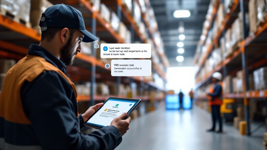 Warehouse supervisor using a tablet assistant that shows last-seen location and creates a recount task while a worker checks a bin.