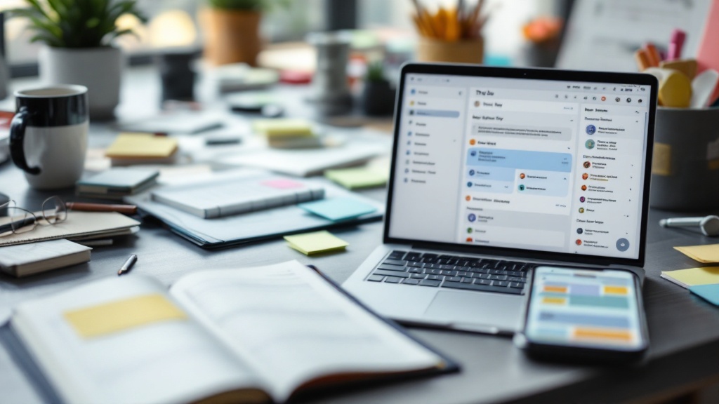 A desk with a planner, sticky notes, laptop, and phone showing many reminders, illustrating how complex to-do setups can feel overwhelming.