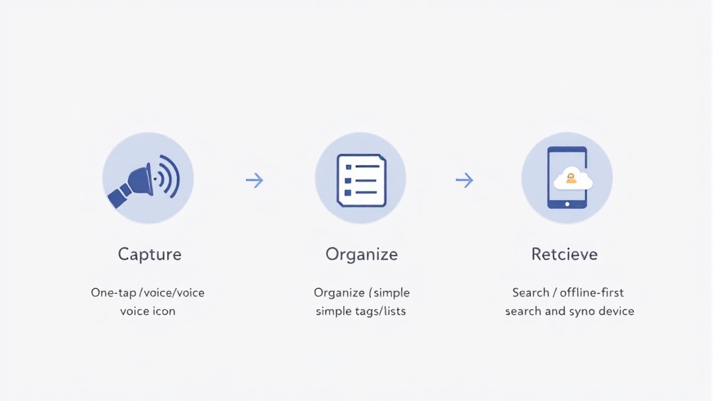 A simple diagram showing capture, light organization, and retrieval with reminders and sync across devices, emphasizing an offline-first workflow.