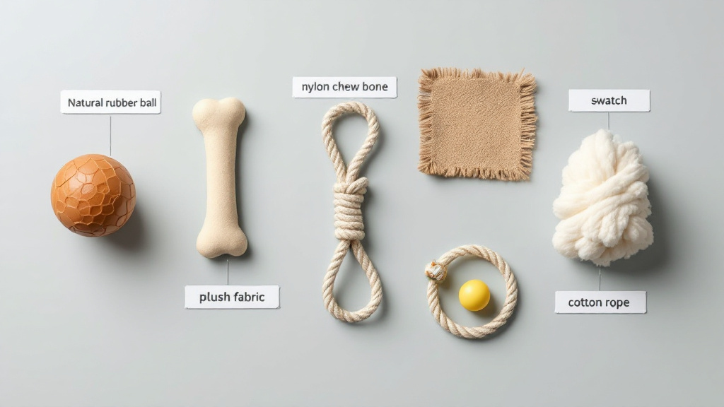 Flat-lay of dog toy material examples including rubber, nylon, plush fabric, cotton rope, and a squeaker, each labeled for comparison.