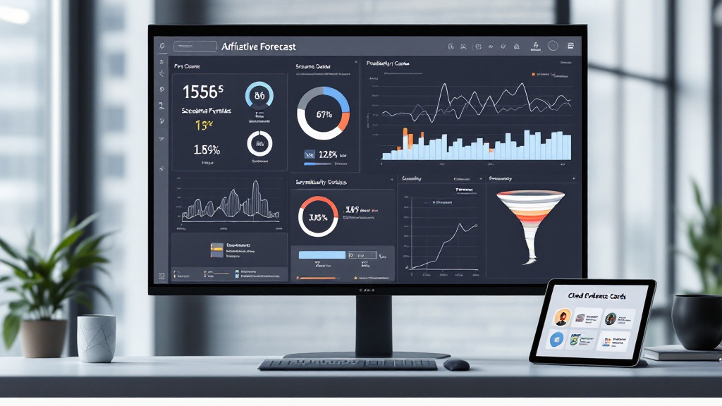 Monitor displaying probability distributions, confidence bands, and a sensitivity tornado chart with evidence cards, representing quantified uncertainty in AI forecasts.
