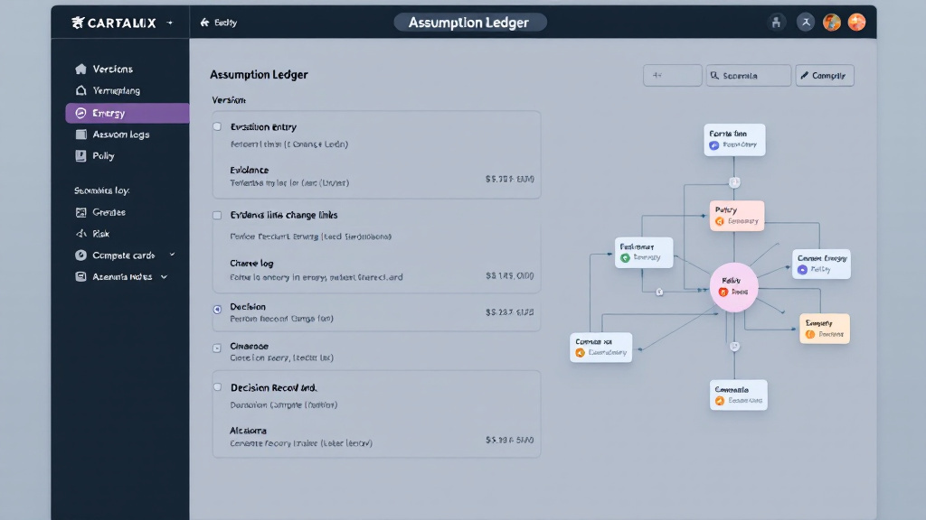 Versioned digital assumption ledger with evidence links and decision record cards connected to scenario nodes, illustrating auditable long-horizon AI planning.