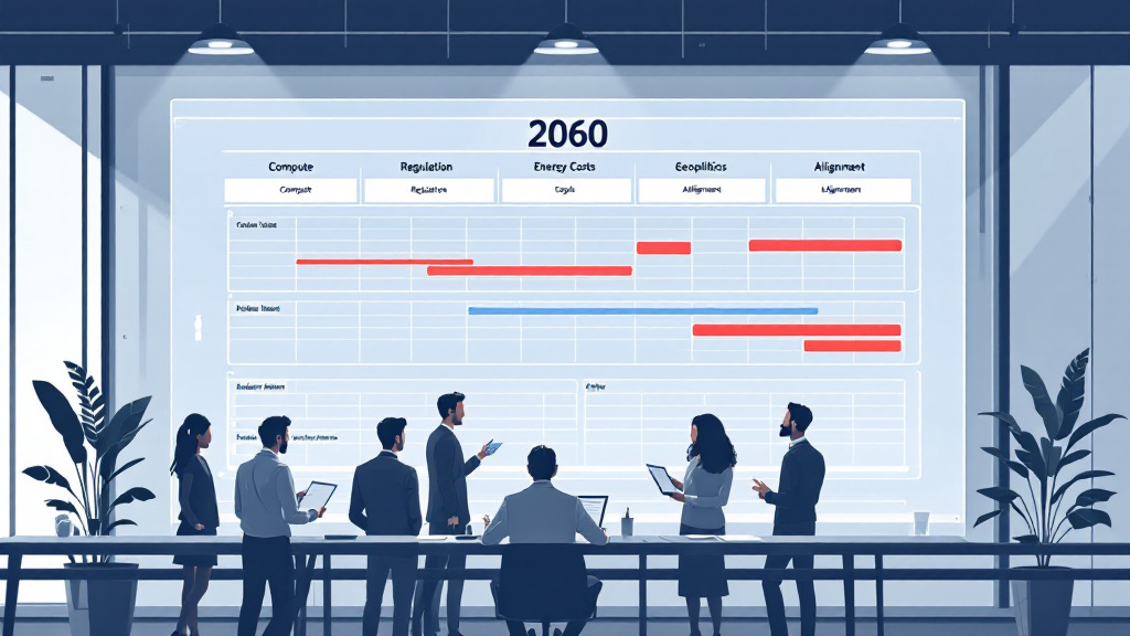 Team reviewing layered scenario sheets for compute, regulation, energy, geopolitics, and alignment, showing how misaligned baselines affect a 2060 plan.