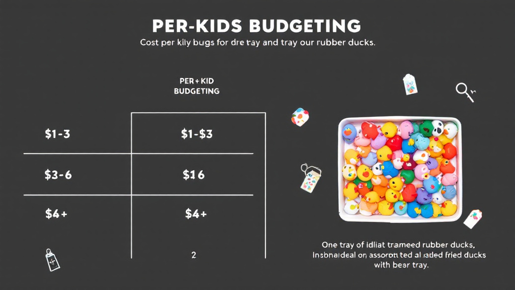 Budgeting graphic showing cost-per-kid tiers next to trays of identical rubber ducks and assorted rubber ducks for comparing uniform versus mixed party favors.