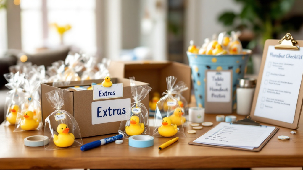 Neatly packed party favor bags with rubber ducks, a labeled extras box, tape, marker, and a printed checklist on a clipboard for party-day distribution.