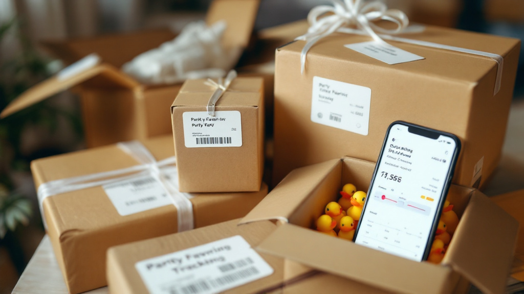 Shipping boxes with gift notes and labels, a phone displaying tracking updates, and rubber ducks visible in an open package.