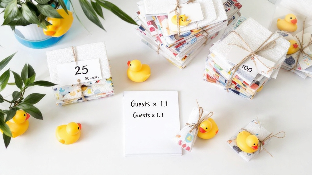 Tabletop with labeled favor pack stacks, a notepad showing guests-times-extra formula, and small themed rubber duck bundles.