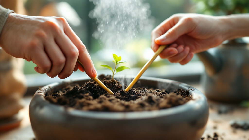 Hands checking bonsai soil moisture with a chopstick beside a shallow pot and watering can in natural window light.