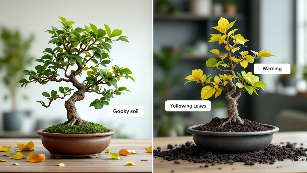 A comparison scene showing normal minor leaf drop on a healthy indoor bonsai versus yellowing leaves and soggy soil indicating a problem.