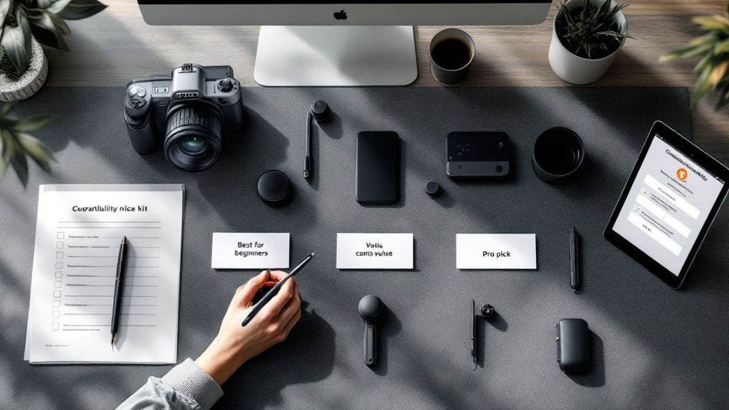 Curated kit items arranged neatly with label cards and a compatibility checklist beside a tablet showing a short shopping quiz.