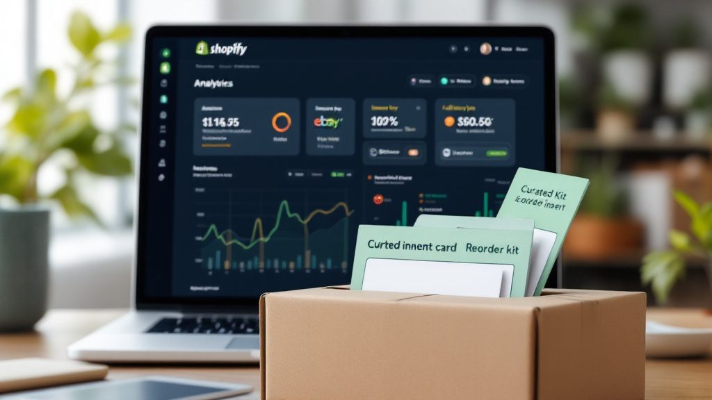 Laptop showing multichannel ecommerce dashboards and inventory sync next to a packed curated kit box and a reorder insert card.
