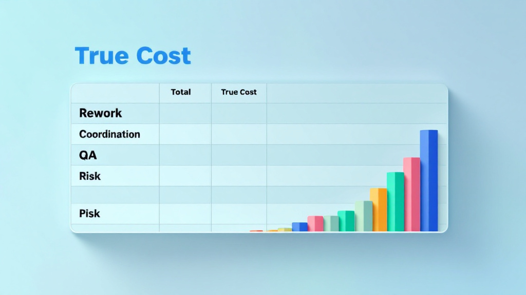 Spreadsheet-style diagram breaking down true cost into rework, coordination, QA, and risk, with a bar chart highlighting coordination time.