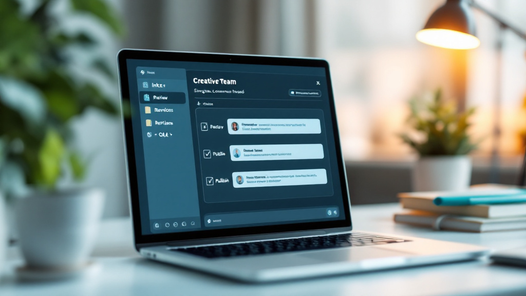Workspace scene showing a structured workflow checklist from intake through review, revisions, QA, and publish on a laptop with organized files.
