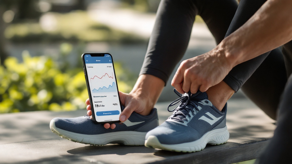 Runner tying shoes while viewing a phone app with cadence trends, asymmetry, and a suggested metronome drill.