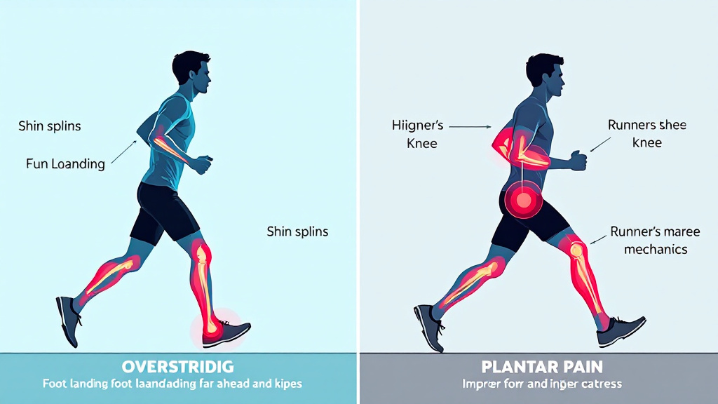 Split infographic comparing overstriding versus improved stride, highlighting stress areas for shin splints, runner’s knee, and plantar pain.