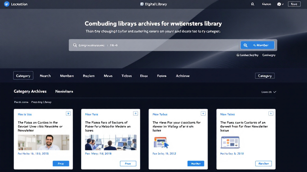 Searchable newsletter archive interface with tagged issue cards and free/member labels, illustrating compounding value over time.