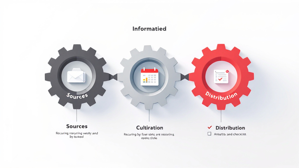 Diagram of connected gears and a calendar representing a repeatable newsletter production and distribution process.