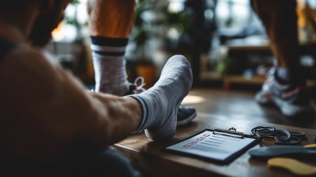 Runner wearing socks and a running shoe performs a calf raise indoors next to a mirror, with a checklist on a clipboard nearby.