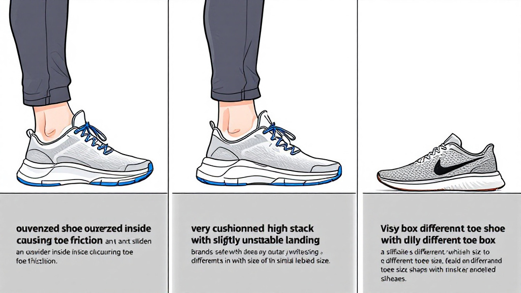 Three-panel graphic showing foot slide in an oversized shoe, an unstable cushioned landing, and two different brand toe box shapes with similar size labels.