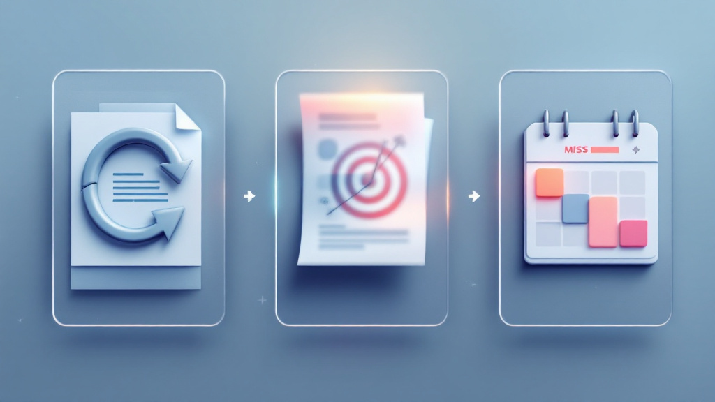 Triptych-style image showing a broken feedback loop over a document, a blurry target representing unclear standards, and a calendar with missed dates indicating low accountability.