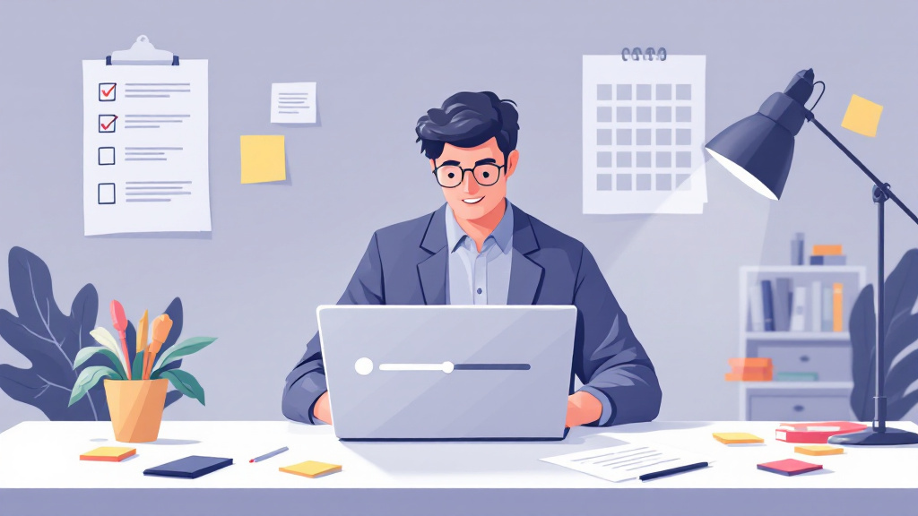 Professional sitting at a desk with a paused online course on a laptop, surrounded by unfinished notes and an indistinct calendar, suggesting stalled progress.