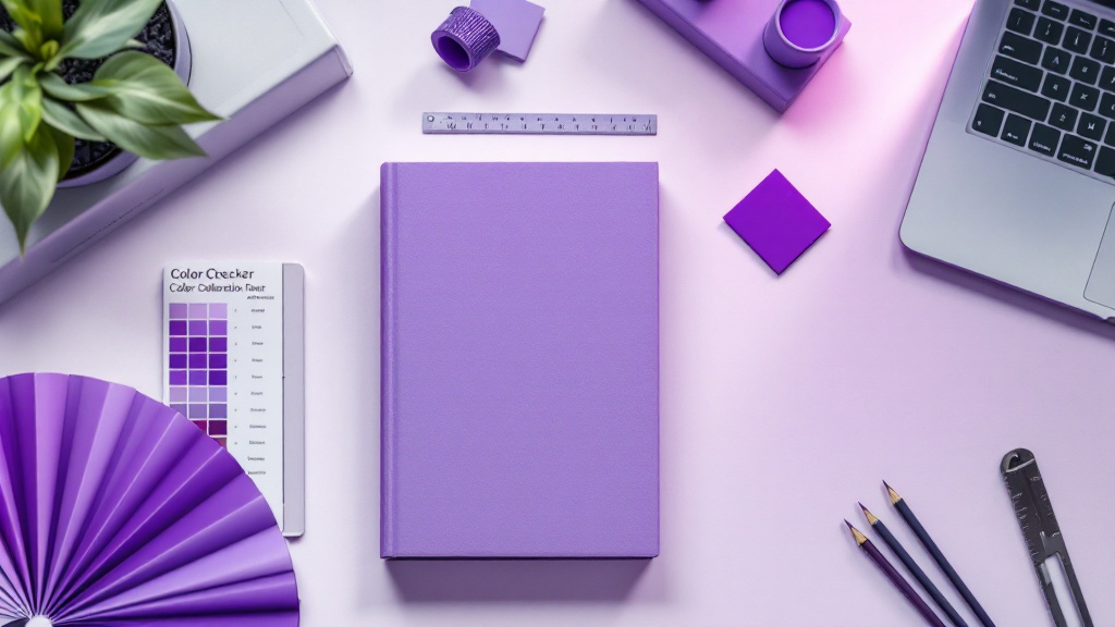 Flat-lay of a purple book beside a color calibration chart, purple swatches, a ruler for spine height, and a laptop showing color tagging tools.