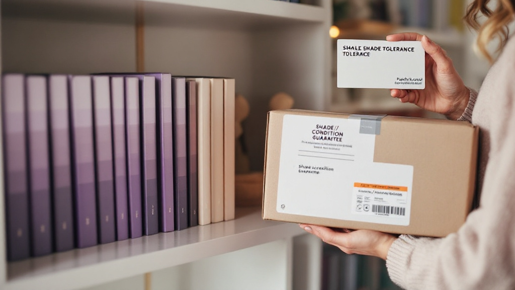 Home-staging scene with a gradient of purple book spines on a shelf, a person holding a shade tolerance card, and a shipping box referencing a color guarantee.