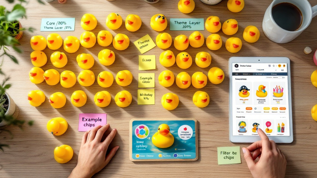 Rubber ducks arranged into core and theme-layer groups with labels and a tablet showing online store filters for theme, color, size, and occasion.