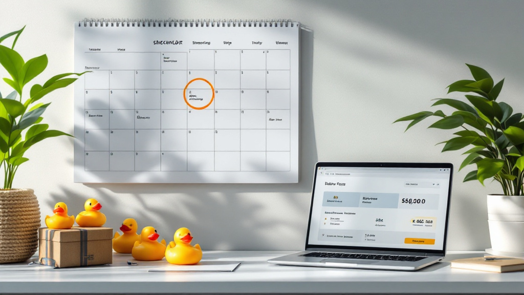 Calendar with an event date and shipping milestones next to a laptop showing bulk pricing tiers and delivery estimates for party favors.